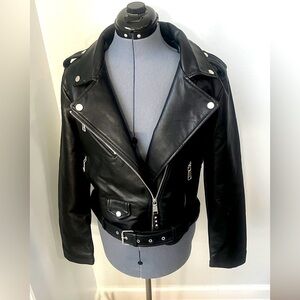 New Rebecca Minkoff Biker Jacket Sz L Black Faux Leather Crop Motto Motorcycle